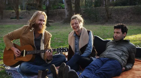 Wyatt Russell as Jason, Meredith Hagner as Bryn, and Alex Karpovsky as Paul, from the film Folk Hero & Funny Guy.